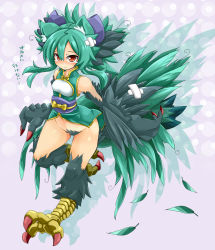 Rule 34 | 1girl, animal ears, bandages, bare shoulders, blush, bottomless, bow, dress, feathers, green hair, hair bow, harpy, karukan (monjya), long hair, monster girl, morgan (shinrabanshou), navel, nose blush, red eyes, shadow, shinrabanshou, solo, talons, tears, winged arms, wings