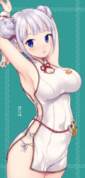 Rule 34 | 1girl, armpits, arms up, blue eyes, blush, braid, braided bun, breasts, character request, china dress, chinese clothes, cleavage, closed mouth, commentary request, covered navel, double bun, dress, green background, hair bun, highres, large breasts, lips, looking at viewer, miyano ururu, monster hunter, monster hunter: world, monster hunter (series), sideboob, silver hair, simple background, smile, solo, standing, upper body, white dress