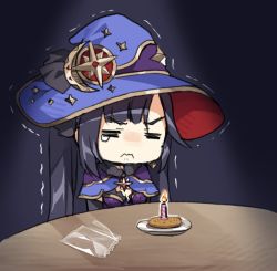 Rule 34 | &gt;:(, 1girl, = =, birthday, black background, black hair, breasts, candle, capelet, chibi, chocolate chip cookie, choker, cleavage, commentary, cookie, craytm, detached sleeves, earrings, english commentary, food, genshin impact, gradient background, hair between eyes, hat, jewelry, long hair, mona (genshin impact), package, plate, poverty, sidelocks, solo, table, tears, trembling, twintails, v-shaped eyebrows, witch hat