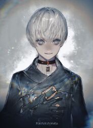Rule 34 | 1boy, 9s (nier:automata), absurdres, black choker, black gloves, black jacket, blue eyes, choker, closed mouth, commentary request, copyright name, gloves, grey background, highres, jacket, male focus, moony (mogmogmelt), nier:automata, nier (series), short hair, smile, solo, upper body, white hair