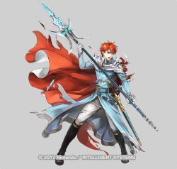 Rule 34 | 1boy, belt, blue eyes, cape, copyright name, eliwood (fire emblem), fire emblem, fire emblem: the blazing blade, fire emblem heroes, full body, gloves, grey background, male focus, nintendo, official art, open mouth, polearm, red hair, solo, spear, sword, teeth, torn clothes, wada sachiko, weapon