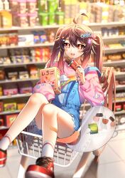 Rule 34 | 1girl, absurdres, alternate costume, blue overalls, boo tao (genshin impact), brown hair, chocolate, flower-shaped pupils, genshin impact, hair between eyes, hair ornament, hairclip, highres, hu tao (genshin impact), hwaen, in shopping cart, knees together feet apart, knees up, legs up, long hair, long sleeves, open mouth, overalls, pink shirt, red eyes, shirt, shop, shopping cart, sitting, smile, solo, symbol-shaped pupils, text hair ornament, twintails