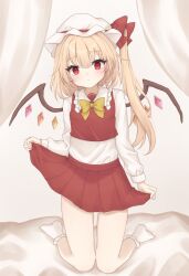 Rule 34 | 1girl, :/, absurdres, alternate neckwear, bare legs, blonde hair, bow, bowtie, clothes lift, curtains, flandre scarlet, full body, gaden19, hat, highres, kneeling, lifted by self, long sleeves, looking at viewer, medium hair, mob cap, one side up, red eyes, red skirt, shirt, skirt, skirt hold, skirt lift, socks, solo, touhou, white hat, wings, yellow bow, yellow bowtie