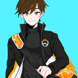 Rule 34 | 1girl, alternate costume, alternate eye color, bag, bitto34, black shirt, blue background, brown hair, closed mouth, duffel bag, ear piercing, emblem, high collar, jacket, logo, open clothes, open jacket, overwatch, overwatch 1, piercing, shirt, short hair, shoulder bag, simple background, smile, solo, spiked hair, tracer (overwatch), upper body, yellow eyes