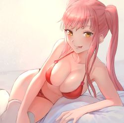 Rule 34 | 1girl, bare shoulders, blush, bra, breasts, cleavage, closed mouth, collarbone, fate/grand order, fate (series), female focus, gradient background, heart, kojirou musashi, large breasts, long hair, looking at viewer, medb (fate), naughty face, panties, pink hair, red bra, red panties, smile, solo, swept bangs, thighhighs, thighs, tongue, tongue out, tsurime, twintails, underwear, underwear only, white thighhighs, yellow eyes
