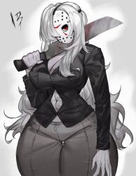 Rule 34 | breasts, butcher knife, cleavage, colored skin, friday the 13th, grey skin, highres, jason voorhees, large breasts, looking at viewer, mask, pants, red eyes, shirt, thick thighs, thighs, togetoge, wide hips