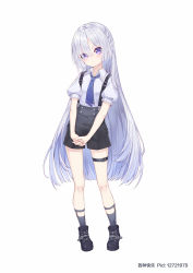 Rule 34 | 1girl, aged down, ak-15 (girls&#039; frontline), commission, eyes visible through hair, ge zhong kuaile, girls&#039; frontline, head tilt, holding hands, long hair, own hands together, pixiv commission, pixiv id, purple eyes, shoes, shorts, silver hair, socks, solo, suspender shorts, suspenders, thigh strap, white background