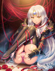 Rule 34 | 10s, 1girl, 2015, ass, black footwear, black thighhighs, boots, cameltoe, code: nemesis (elsword), ecell, elsword, eve (elsword), facial mark, fingerless gloves, flower, forehead jewel, gloves, gradient background, long hair, nail polish, panties, partially visible vulva, pointy ears, raven cronwell, rose, signature, sitting, solo, spread pussy under clothes, thigh boots, thighhighs, tile floor, tiles, underwear, very long hair, white hair, yellow eyes