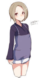 Rule 34 | 1girl, black shirt, blush, brown eyes, closed mouth, cowboy shot, dated, forehead, light brown hair, long sleeves, looking at viewer, maze (gochama ze gohan), original, overall shorts, overalls, parted bangs, shirt, short hair, signature, simple background, sketch, solo, white background