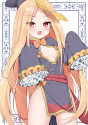 Rule 34 | 1girl, abigail williams (fate), alternate costume, bad id, bad pixiv id, black hat, blush, bow, breasts, commentary request, eyes visible through hair, fang, fate/grand order, fate (series), frills, hat, highres, kamu (geeenius), long hair, long sleeves, looking at viewer, no bra, no panties, orange bow, parted bangs, qingdai guanmao, red eyes, shuten douji (fate), shuten douji (festival outfit) (fate), skin fang, sleeves past fingers, sleeves past wrists, small breasts, solo, very long hair