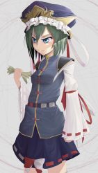 Rule 34 | &gt;:/, 1girl, :/, angry, armor, belt, blue eyes, bow, breasts, crown, crushing, green hair, hat, limboh bimboh, looking to the side, paper, pauldrons, ribbon, ribbon-trimmed sleeves, ribbon trim, shiki eiki, short hair, shoulder armor, simple background, skirt, sleeves past wrists, small breasts, solo, tabard, touhou, v-shaped eyebrows