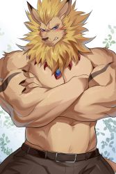 Rule 34 | 1boy, animal ears, ao (chung0u0), bara, blonde hair, blue eyes, blush, brown fur, brown pants, cowboy shot, crossed arms, digimon, digimon (creature), earrings, furry, furry male, highres, jewelry, large pectorals, leomon, lion boy, lion ears, male focus, muscular, muscular male, paid reward available, pants, pectorals, paid reward available, short hair, single earring, solo, topless male