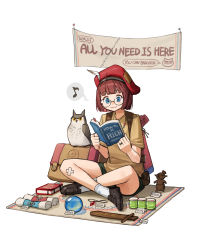 Rule 34 | 1girl, backpack, bag, bird, black footwear, black shorts, blue eyes, book, brown shirt, crossed legs, eighth note, english text, glasses, hat feather, highres, jewelry, musical note, necklace, open book, original, owl, red headwear, rinotuna, scroll, shirt, shoes, short sleeves, shorts, smile, socks, solo, white background, white socks