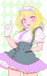 Rule 34 | 1girl, :d, ahoge, akamatsu kaede, alternate costume, blonde hair, blush, breasts, commentary request, danganronpa (series), danganronpa v3: killing harmony, dress, fortissimo, gloves, hair ornament, headdress, large breasts, long hair, looking at viewer, medium breasts, musical note, musical note hair ornament, necktie, open mouth, pink eyes, pocket, puffy short sleeves, puffy sleeves, purple necktie, short sleeves, simple background, smile, solo, standing, striped clothes, striped dress, upper body, vertical stripes, white gloves, zang li