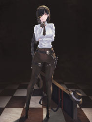 Rule 34 | 1girl, absurdres, arm support, belt, black belt, black footwear, black gloves, black hat, black necktie, black pants, braid, braided ponytail, breasts, brown eyes, brown hair, checkered floor, cigar, eyepatch, floor, formal, girls&#039; frontline, gloves, gun, hat, highres, holding, holding cigar, holstered, long hair, looking at viewer, m16a1 (girls&#039; frontline), medium breasts, multicolored hair, necktie, open mouth, pants, scar, scar across eye, scar on face, shirt, simple background, smoking, solo, standing, suit, un lim, unworn hat, unworn headwear, weapon, weapon case, white shirt