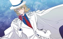 Rule 34 | 1boy, bad id, bad pixiv id, barnaby brooks jr., blonde hair, cape, card, cosplay, formal, gloves, green eyes, hat, jewelry, kaitou kid, kaitou kid (cosplay), male focus, meitantei conan, monocle, necklace, ouroboros, solo, suit, tagada, tiger &amp; bunny, top hat, white gloves