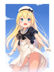 Rule 34 | 1girl, absurdres, bad id, bad pixiv id, blonde hair, blue background, blue eyes, blue sailor collar, blue sky, clothes lift, cloud, day, dress, dress lift, feet out of frame, from below, gloves, gluteal fold, hat, highres, jervis (kancolle), kantai collection, long hair, looking at viewer, open mouth, panties, sailor collar, sailor dress, sailor hat, short sleeves, simple background, sky, smile, solo, underwear, upskirt, white dress, white gloves, white hat, white panties, xue lu