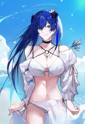 Rule 34 | 1girl, absurdres, arknights, bikini, black choker, blue eyes, blue hair, blue sky, choker, closed mouth, cloud, collarbone, commentary, day, english commentary, highres, horns, long hair, long sleeves, looking at viewer, mostima (arknights), navel, outdoors, puffy long sleeves, puffy sleeves, sky, smile, solo, standing, swimsuit, very long hair, white bikini, yuki flourish