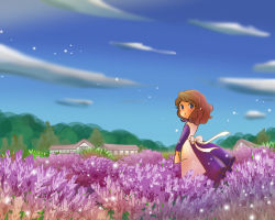 Rule 34 | 1girl, apron, blue eyes, blush, cloud, disney, dress, field, flower, flower field, forest, full body, house, looking at viewer, looking back, medium hair, nature, outdoors, princess, purple dress, sky, sofia (disney), sofia the first, solo, standing, white apron