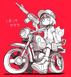 Rule 34 | 1girl, absurdres, cat, closed mouth, collared shirt, greyscale with colored background, gun, hat, highres, holding, holding gun, holding weapon, looking at viewer, looking down, monochrome, motor vehicle, motorcycle, original, red background, shimarisu yukichi, shirt, shoes, short hair, short sleeves, simple background, sitting, sticker, weapon, white cat, white hair, white headwear, white shirt