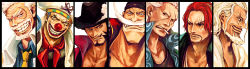 Rule 34 | 6+boys, bad id, bad pixiv id, bandana, beard, benn beckman, black hair, buggy the clown, chinstrap, cigarette, column lineup, dracule mihawk, edward newgate, facial hair, grin, hat, hat feather, highres, lining, long image, male focus, manly, monkey d. garp, multiple boys, mustache, necktie, one piece, pirate, red hair, red nose, scar, shanks (one piece), silvers rayleigh, smile, tsuyomaru, white hair, wide image