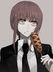 Rule 34 | 1girl, :t, black jacket, black necktie, braid, chainsaw man, closed mouth, collared shirt, corn dog, eating, ebanoniwa, food, food on face, food request, grey background, highres, holding, jacket, long hair, long sleeves, makima (chainsaw man), necktie, pink hair, ringed eyes, sanpaku, shirt, simple background, solo, upper body, white shirt, wing collar
