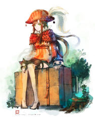 Rule 34 | 1girl, animal, animal on lap, bicorne, boots, brown hair, buckle, capelet, cat, cat on lap, collar, feathers, green eyes, handle, hat, hat feather, ivy, kiryuu tsukasa (citrocube), long hair, luggage, moss, on lap, original, rolling suitcase, sidelocks, signature, sitting, sitting on object, sleeves past wrists, strap, suitcase, thigh boots, thighhighs, traveler (citrocube), tree, tree stump, very long hair, watermark, web address, white footwear