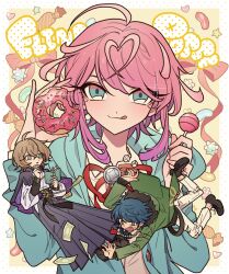 Rule 34 | 3boys, ahoge, amemura ramuda, androgynous, arisugawa dice, banknote, blue eyes, blue hair, book, brown hair, candy, closed mouth, commentary request, doughnut, falling, fling posse, food, full body, green eyes, green jacket, hair between eyes, hakama, hand on own chin, hand up, holding, holding book, holding candy, holding food, holding lollipop, hypnosis mic, jacket, japanese clothes, jelly bean, konpeitou, lollipop, long sleeves, looking at viewer, male focus, meremero, money, multiple boys, open mouth, pants, pink hair, reaching, shirt, short hair, smile, solo focus, tongue, tongue out, torn clothes, torn pants, upper body, white pants, white shirt, yellow background, yumeno gentaro