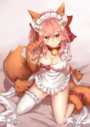 Rule 34 | 1girl, :3, animal ears, animal hands, apron, bell, blush, breasts, cleavage, collar, collarbone, fate/grand order, fate (series), female focus, fox ears, fox tail, gloves, hair ornament, hair ribbon, hankon, highres, large breasts, long hair, looking at viewer, naked apron, neck bell, paw gloves, paw shoes, pink hair, ribbon, shoes, solo, tail, tamamo (fate), tamamo cat (fate), tamamo cat (third ascension) (fate), tamamo no mae (fate/extra), thighhighs, white thighhighs, yellow eyes