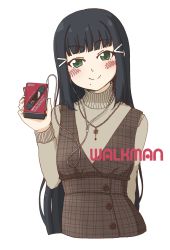 Rule 34 | 1girl, absurdres, aqua eyes, artist name, artist request, black hair, blush, breasts, brown sweater, digital media player, female focus, green eyes, hair ornament, hairclip, highres, holding, ipod, jewelry, kurosawa dia, long hair, long sleeves, looking at viewer, love live!, love live! sunshine!!, mole, mole under mouth, necklace, parted lips, rainforce, small breasts, smile, solo, sony, sweater, white background