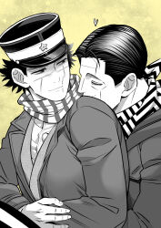 Rule 34 | 2boys, age difference, black hair, cheekbones, coat, facial scar, golden kamuy, greyscale with colored background, heart, hug, hug from behind, kikuta mokutaro, kissing back, light smile, looking at another, looking back, male focus, mature male, multiple boys, nonoki33, pectorals, scar, scar on cheek, scar on face, scar on mouth, scarf, short hair, sugimoto saichi, two-tone headwear, upper body, wrinkled skin, yaoi