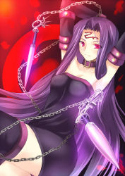 Rule 34 | 00s, 1girl, chain, collar, dress, fate/stay night, fate (series), long hair, medusa (fate), medusa (rider) (fate), moejin, nameless dagger (fate), purple eyes, solo, strapless, strapless dress, thighhighs, very long hair