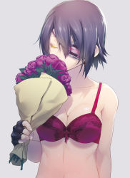 Rule 34 | 10s, 1girl, bouquet, bow, bow bra, bra, breasts, cleavage, closed eyes, embroidery, eyepatch, fingerless gloves, flower, gloves, kantai collection, lace, nilitsu, no headwear, no shirt, purple hair, red bra, rose, short hair, simple background, smelling flower, solo, tenryuu (kancolle), underwear