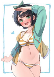 Rule 34 | 1girl, :d, arm up, bare shoulders, bikini, bikini under clothes, black hair, blue background, blue jacket, blush, breasts, cleavage, collarbone, commentary request, drawstring, green eyes, green hairband, green ribbon, groin, hair ribbon, hairband, heart, hekomii, hololive, hood, hood down, hooded jacket, jacket, long sleeves, medium breasts, navel, oozora subaru, oozora subaru (hololive summer 2019), open clothes, open jacket, open mouth, polka dot, polka dot hairband, polka dot ribbon, puffy long sleeves, puffy sleeves, ribbon, short hair, smile, solo, striped bikini, striped clothes, swimsuit, two-tone background, virtual youtuber, white background