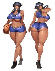 Rule 34 | 1girl, absurdres, ass, ball, basketball, basketball (object), basketball uniform, black footwear, black hair, blush, breasts, brown eyes, cleavage, commission, curvy, dark skin, elf, full body, gurimjang, highres, huge breasts, looking at viewer, looking back, multiple views, original, pixiv commission, pointy ears, short hair, short hair with long locks, sideboob, sidelocks, simple background, smile, sportswear, standing, tan, thick thighs, thighs, tomboy, transparent background, underboob, white background, wide hips