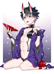 Rule 34 | 1boy, abs, aqua eyes, ar (rikuesuto), black hair, blush, bridal gauntlets, colored skin, cosplay, cup, fate/grand order, fate (series), fujimaru ritsuka (male), gem, horns, japanese clothes, jewelry, kimono, looking down, male focus, navel, off shoulder, oni, open mouth, petals, pink skin, sakazuki, short hair, shuten douji (fate), shuten douji (fate) (cosplay), shuten douji (first ascension) (fate), sitting, skin-covered horns, solo, sweatdrop, toned, toned male, wariza