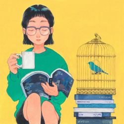 Rule 34 | 1girl, birdcage, black hair, black shorts, book, cage, closed eyes, cup, feet out of frame, glasses, green shirt, highres, holding, holding cup, kan0nakan0, long sleeves, open book, original, pile of books, shirt, short hair, shorts, simple background, sitting, solo, twitter, yellow background