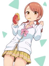 Rule 34 | 1girl, blush, brown eyes, brown hair, brown skirt, cardigan, collared shirt, cowboy shot, dutch angle, food, food in mouth, french fries, hand up, holding, houjou karen, idolmaster, idolmaster cinderella girls, long sleeves, low twintails, mouth hold, pink shirt, pleated skirt, shirt, skirt, sleeves past wrists, solo, star (symbol), tadanoshi kabane, twintails, white background, white cardigan