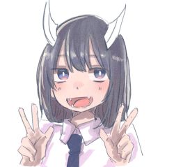 Rule 34 | 1girl, aoki ruri, blue eyes, blue hair, blue necktie, blush, collared shirt, dark blue hair, double v, dragon girl, dragon horns, fangs, fingernails, hatching (texture), highres, horns, light blush, linear hatching, long sleeves, looking at viewer, medium hair, multicolored eyes, necktie, open mouth, parted bangs, pink eyes, portrait, ruri dragon, shirt, simple background, solo, truel, v, white background, white shirt