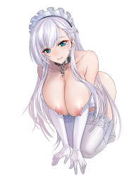 Rule 34 | 1girl, absurdres, all fours, azur lane, belfast (azur lane), blue eyes, blush, braid, breasts, broken, broken chain, chain, collar, collarbone, elbow gloves, french braid, gloves, grin, highres, kogarasu1st, large breasts, long hair, looking at viewer, maid headdress, nipples, nude, smile, solo, thighhighs, thighs, white background, white gloves, white hair, white thighhighs