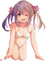 Rule 34 | 1girl, ;d, barefoot, bikini, breasts, brown eyes, chuutaro metal, commentary, gradient hair, hair ornament, hairclip, kneeling, light brown hair, long hair, multicolored hair, one eye closed, onii-chan wa oshimai!, open mouth, oyama mihari, small breasts, smile, solo, swimsuit, twintails, white bikini