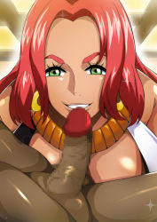 Rule 34 | 1boy, 1girl, baccarat (one piece), breasts, cleavage, game cg, hetero, highres, huge breasts, imminent fellatio, large breasts, one piece, one piece film: gold, oral, penis, qdoujin (pixiv44648813), red hair, smile, tattoo