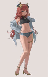Rule 34 | 1girl, absurdres, alternate costume, anklet, bare legs, bare shoulders, blue eyes, blue shorts, blush, breasts, closed mouth, clothing cutout, commentary, crop top, cutoffs, denim, denim shorts, diamond cutout, forehead jewel, full body, genshin impact, gold footwear, grey background, grey shirt, hand on own hip, hand up, high heels, highleg, highleg panties, highres, horns, jewelry, knees together feet apart, legs, long hair, long sleeves, looking at viewer, low twintails, navel, navel cutout, nilou (genshin impact), off shoulder, open clothes, open shirt, panties, panties under shorts, panty straps, parted bangs, red hair, shirt, short shorts, shorts, simple background, single horn, skindentation, sleeveless, sleeveless shirt, sleeves past wrists, small breasts, smile, solo, standing, stomach, string panties, thigh strap, thighlet, thighs, thong, twintails, underwear, zutsuyaku