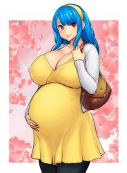 Rule 34 | 1girl, aged up, alternate universe, asymmetrical bangs, bag, big belly, black pantyhose, blue hair, border, breasts, cardigan, cleavage, commentary, dress, english commentary, erkaz, floral background, hand on own stomach, handbag, highres, huge breasts, jewelry, lips, looking at viewer, medium hair, original, outside border, pantyhose, pregnant, red eyes, rina atherina, ring, smile, solo, standing, wedding band, white border, white cardigan, yellow dress