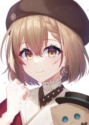 Rule 34 | 1girl, ahoge, beret, bow, bowtie, braid, braided bangs, brown eyes, brown hair, earrings, feathers, floral print, friend (nanashi mumei), gloves, hat, hololive, hololive english, japanese clothes, jenevan, jewelry, kimono, lace, lace gloves, looking at viewer, multicolored hair, nanashi mumei, nanashi mumei (new year), official alternate costume, print kimono, red shawl, shawl, short hair, single earring, smile, streaked hair, top hat, virtual youtuber, white kimono