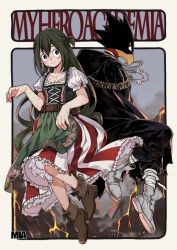 Rule 34 | 10s, 1boy, 1girl, alternate costume, animal head, asui tsuyu, blush, boku no hero academia, braid, breasts, cape, cleavage, corset, dress, french braid, full body, green hair, jewelry, long hair, looking at viewer, mia0309, necklace, puffy short sleeves, puffy sleeves, red eyes, short sleeves, tokoyami fumikage