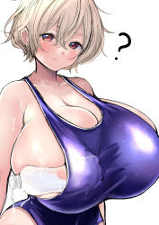 Rule 34 | 1girl, ?, absurdres, barefoot, blonde hair, blush, bottle, breasts, brown eyes, confused, highres, huge breasts, looking at viewer, one-piece swimsuit, purple one-piece swimsuit, question mark, sgwmanga, short hair, swimsuit, water bottle, white background