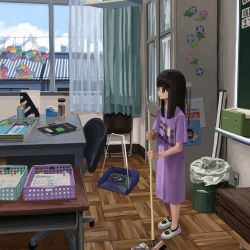 Rule 34 | 1girl, absurdres, black eyes, black hair, broom, cabinet, chair, child, cleaning, curtains, day, dustpan, electrical outlet, female focus, highres, holding, holding broom, indoors, notebook, office chair, original, oversized clothes, oversized shirt, print shirt, purple shirt, romaji text, sa1bi, school, scissors, shirt, shoes, sign, socks, solo, standing, swivel chair, table, trash can, white footwear, window, wooden floor