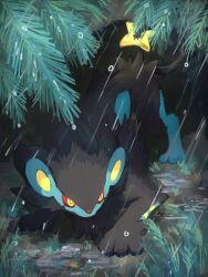 Rule 34 | 7 phi 3, animal focus, black fur, colored sclera, creatures (company), game freak, gen 4 pokemon, grass, highres, leaf, luxray, nintendo, no humans, on ground, pokemon, pokemon (creature), rain, red sclera, sitting, solo, tail, water drop, yellow eyes