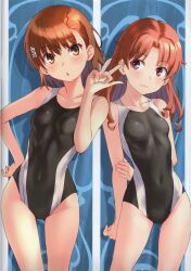 Rule 34 | 2girls, absurdres, arm behind back, bare shoulders, blush, breasts, brown eyes, brown hair, collarbone, competition swimsuit, covered navel, hair ornament, hand on own hip, hand up, head tilt, highres, lips, long hair, looking at viewer, looking to the side, misaka mikoto, multiple girls, one-piece swimsuit, parted lips, pink eyes, raika9, scan, shiny skin, shirai kuroko, short hair, small breasts, smile, swimsuit, thighs, toaru kagaku no railgun, toaru majutsu no index